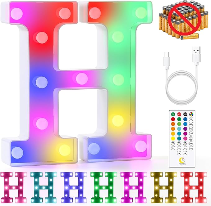 mooncow Rechargeable Light Up Letters,Colorful Marquee Letters with Remote,Gift Wrap Gifts,Bedroom Home Bar Party Decor (H)