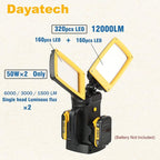 12000LM Cordless LED Work Light, 85W Dual-Head with Tripod, Compatible with Dewalt, Milwaukee, Makita 18–21V Battery, Flicker-Free, Glare-Free, Brightness Adjustable for Jobsite and Garage