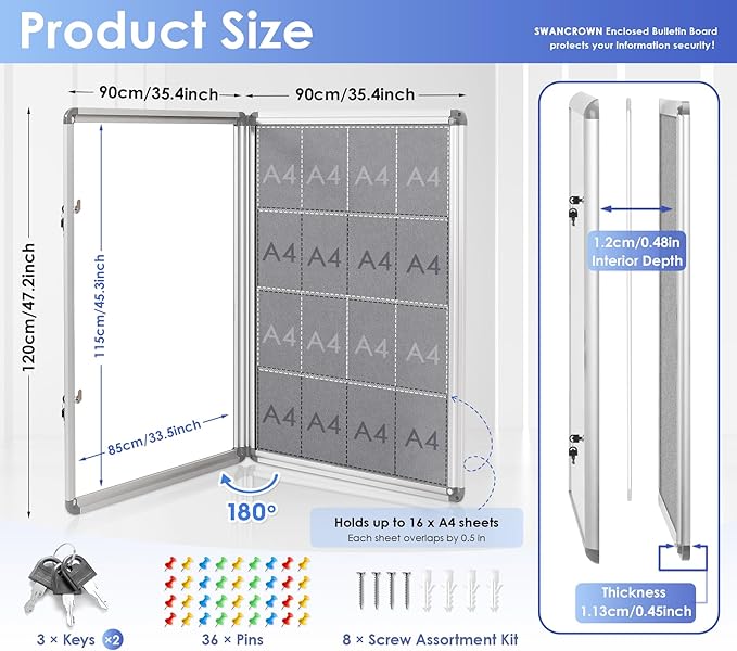 SWANCROWN Enclosed Bulletin Board 48x36in, Tamperproof Lockable Grey Felt Board Wall Display Case with 2 Locks for Office School Commerce, Aluminum Frame