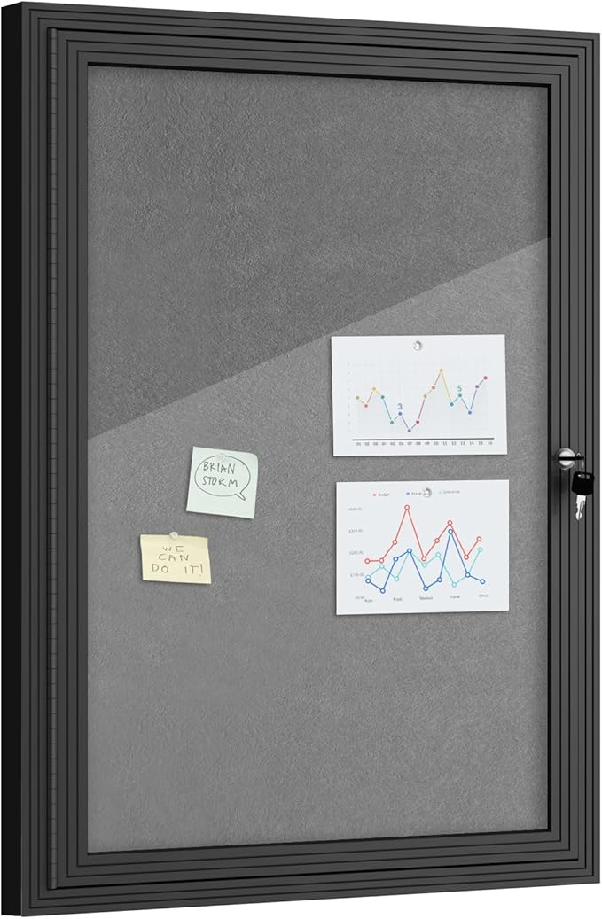 Mifuro 36"x24" Enclosed Bulletin Board, Outdoor Lockable Weather-Resistant Aluminum Cork Noticeboard for School & Office, Black Frame w/Grey Flet