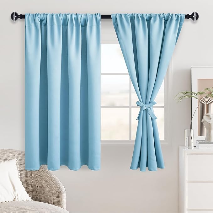 JIUZHEN Blackout Curtains for Bedroom - Thermal Insulated Noise Reducing Privacy Short Curtain for Living Room, Set of 2 Panels with Tiebacks, 42 x 54 inches Long,Light Blue