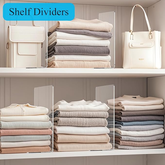 Shelf Dividers for Closet Organization: 10" Tall x 12" Deep Acrylic Closet Shelf Dividers for Clothes Sweater Purse - Clear Closet Organizers and Storage Separators for Shelves