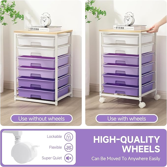 Rolling Cart with Drawers,Utility Cart with 6 Drawers,Rolling Storage Cart with Drawers and Wooden Tabletop & Lockable Wheel,Purple