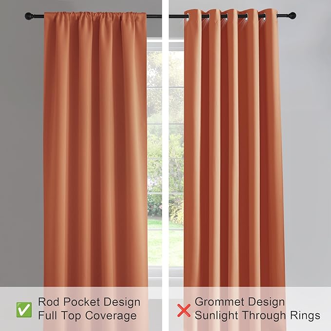 PONY DANCE Burnt Orange Short Black Out Curtains for Kitchen Over Sink 45 inch Length, Thermal Insulated Room Darkening Blackout Drapes for Small Bathroom Window(2 Panels Set, 42 inches Wide)