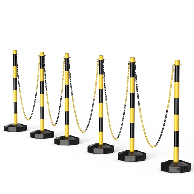 6 Pack Traffic Delineator Post Cones with Fillable Base, Adjustable Plastic Safety Barrier with 5Ft Plastic Chain, Outdoor and Indoor Crowd Control Stanchion for Traffic Control and Warning