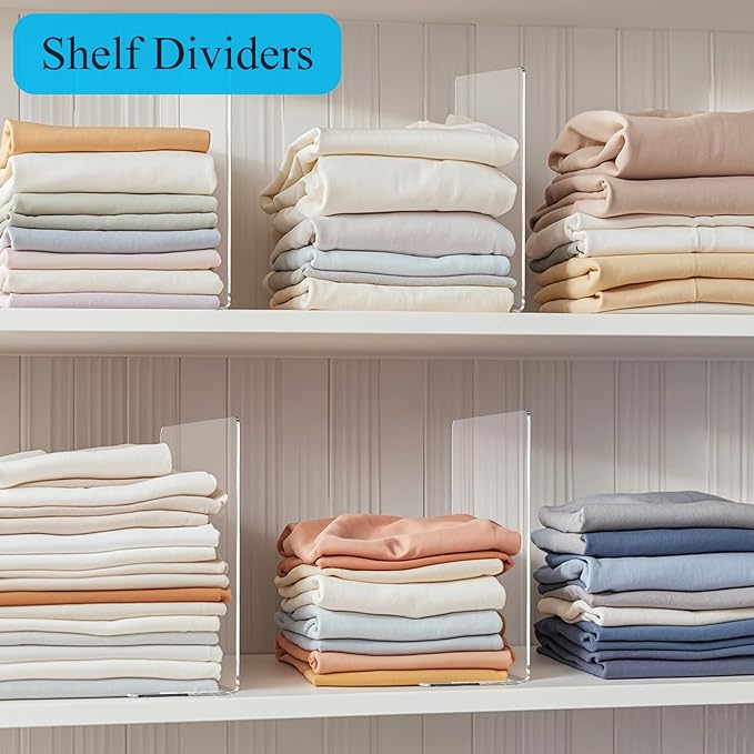 Shelf Dividers for Closet Organization: 12" Tall x 10" Deep Acrylic Closet Shelf Dividers for Clothes Sweater Purse - Free Standing Clear Separators for Shelves
