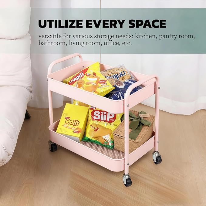 Pink 2 Tier Rolling Cart Metal with Wheels Under Desk Storage Cart for Small Space Organization, Small Trolley for Pantry Room Laundry Bathroom Kitchen Office Art Snack Baby Supplies