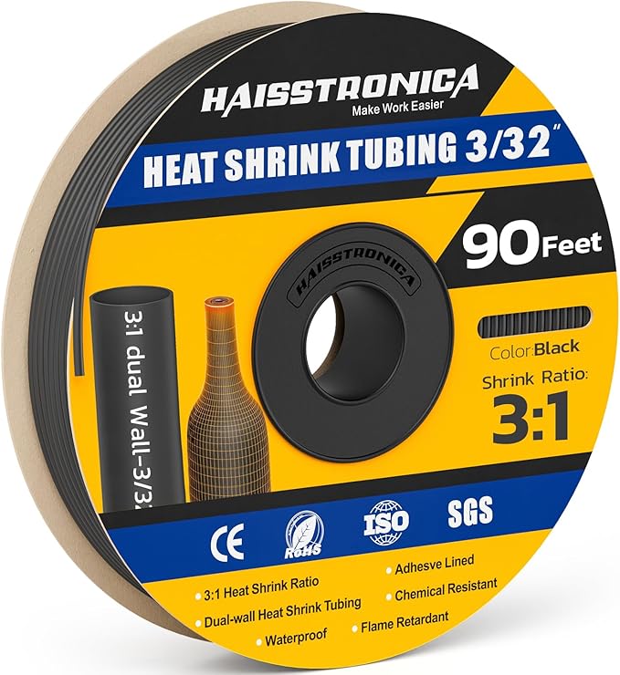 haisstronica 3:1 Heat Shrink Tubing, Shrink Ratio Adhesive Lined Marine Grade Heat Shrink Tube for Home, Automotive and Industrial (Black) 90FT 3/32inch