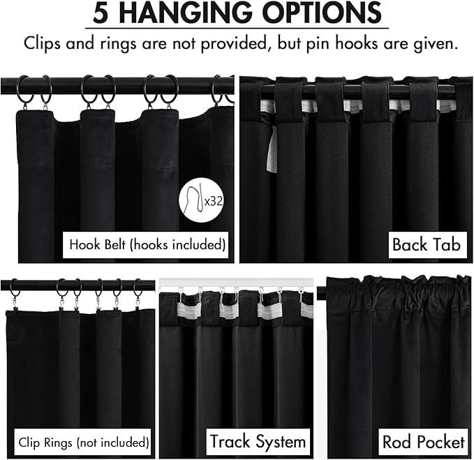 MIULEE Velvet Curtains 90 Inches Long 2 Panels Set for Bedroom, Pinch Pleat Back Tab Luxury Halloween Thermal Insulated Living Room Darkening Drapes Pleated Blackout Window Curtains with Hooks, Black
