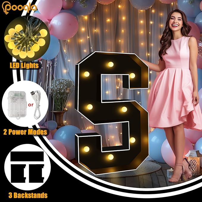 Pooqla 3 FT Marquee Light Up Letters, Black Marquee Letter Lights 3 Feet Tall, Giant LED Sign Big Mosaic Letters for Balloons Birthday Party Anniversary Wedding Decorations, Warm White F