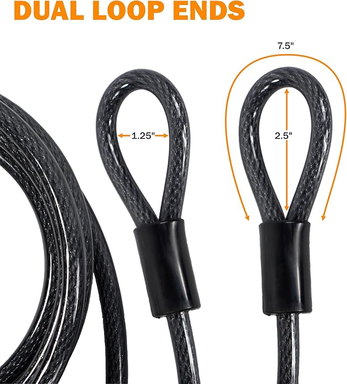 Lumintrail 12mm (1/2 inch) Heavy-Duty Security Cable, Vinyl Coated Braided Steel with Sealed Looped Ends (4', 7', 10', 15', 20', 25' or 30') (20-FT)