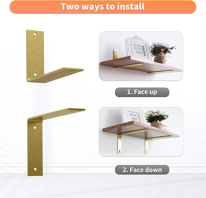 L Shelf Brackets 10 inch, Gold Heavy Duty Iron Shelf Brackets, Industrial Modern Floating Shelf Support for Wall Mount Shelves