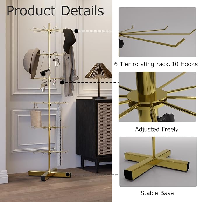 6-Tier Gold Rotating Display Stand 360° Spinning Heavy-Duty Retail Display Rack With Hooks For Jewelry, Keychains, Socks, Toys Commercial Use