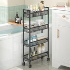 Slim Storage Rolling Cart, 4 Tier Narrow Cart with Wheels, Metal Kitchen Carts for Small Spaces, Slide Out Storage Shelves Mobile Shelving Unit for Kitchen, Laundry Room, Bathroom, Living Room, 6in(W)