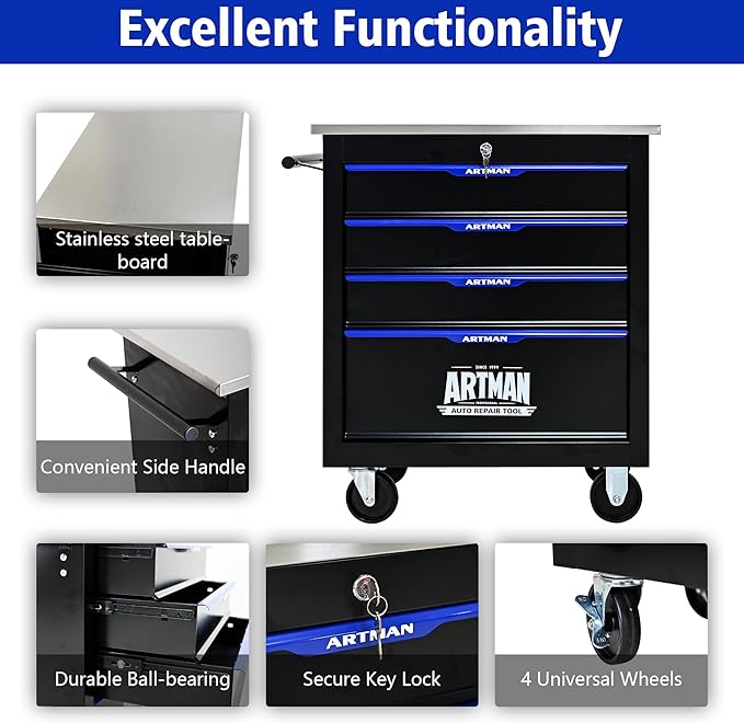 4 Drawer Rolling Tool Chest with Locker, 25.9" D Metal Movable Lockable Tool Cart Box Multi-Functional Hardware Storage Cabinet Box for Warehouse Basement Home Pantry Garage