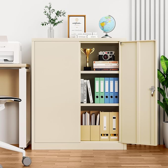 INTERGREAT Metal Garage Storage Cabinet, 36" Lockable Storage Cabinet with 2 Doors and 2 Adjustable Shelves, Steel Cream Grey File Cabinet Great for Home Office, Garage, Warehouse, Study Room
