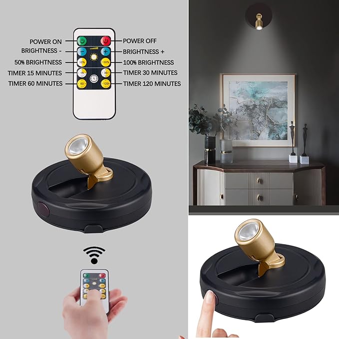 Battery Operated LED Spotlight, Picture Spot Lights, Indoor Uplighting, Puck Lights with Remote, Plants Tree Spotlight, Display Light for Paintings Dartboard Portrait-Gold