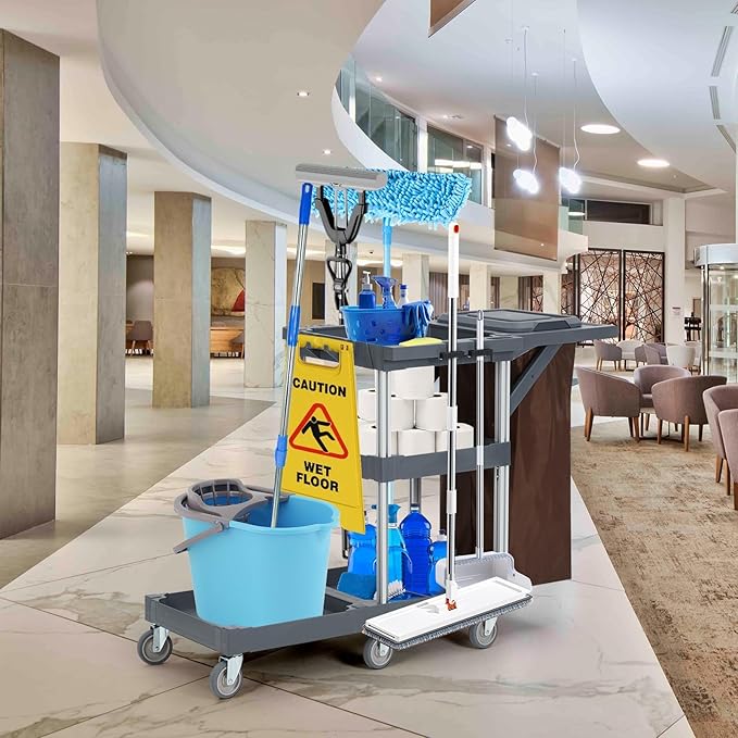 Commercial Janitorial Cart with Wheels, 3-Shelf Cleaning Trolley Cart with 16-Gallon Trash Bag, 220 Lbs Capacity Rolling Housekeeping Carts, Ideal for Hotel,School, Apartments