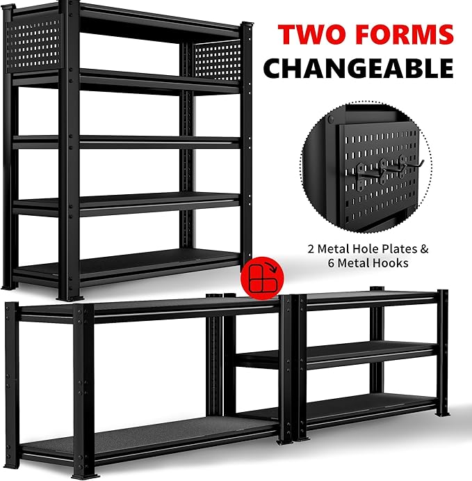 SILVEL 48.2" W Garage Shelving, 5000LBS Heavy Duty Metal Shelving, 2025 Solid Storage Shelves with 2 Side Pegboards, Industrial 5 Tier Shelves for Basement Pantry Warehouse Supermarket, 2 Pack