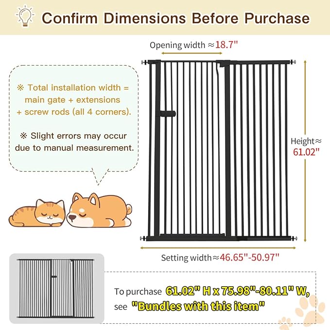 Lumizone Extra Tall Cat Gate 61.02" High Pressure Mounted Extra Wide 2025 New (17 Sizes) 1.37" Gap No Drilling Auto-Close One-Handed Operation Tall Pet Gate for Dogs(Black, 61.02" H x 46.65"-50.97" W)