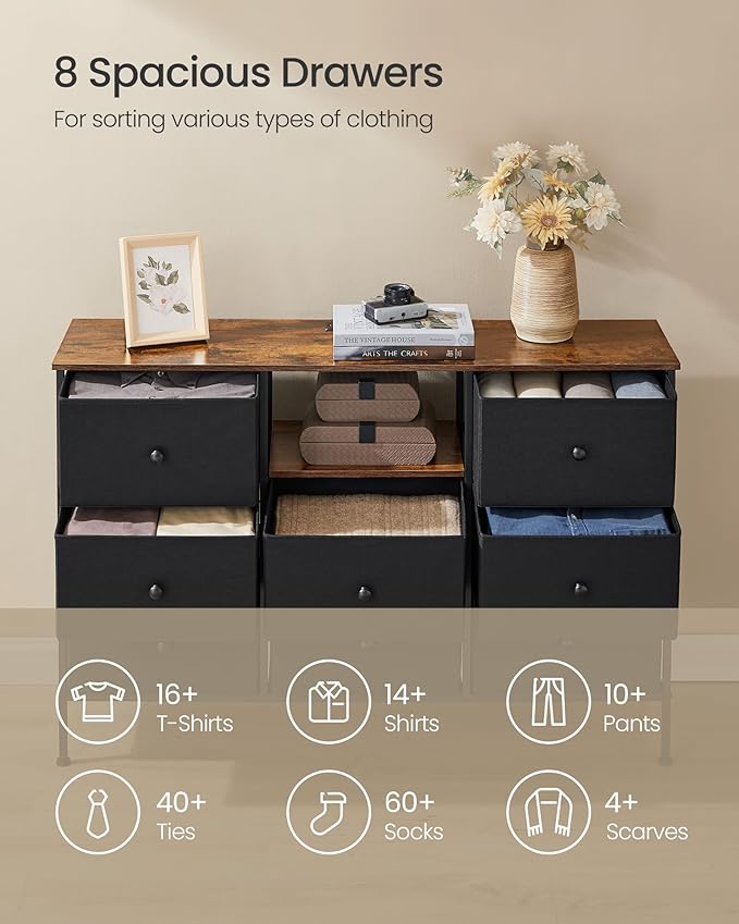 SONGMICS Dresser for Bedroom, Fabric Dresser with Power Outlets and LED Lights, TV Stand for up to 60 Inch TVs, 25 Colors, 11.8 x 47.2 x 31.3 Inches, Ink Black and Rustic Brown ULTS518B01