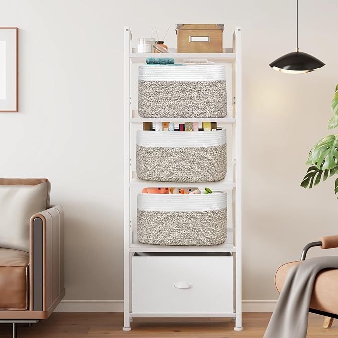 Shelf Woven Storage Basket, 15 x 10 x 9” Closet Rope Baskets For Organizing, Square Bins with Handles, White+Rice Brown 1 Pack