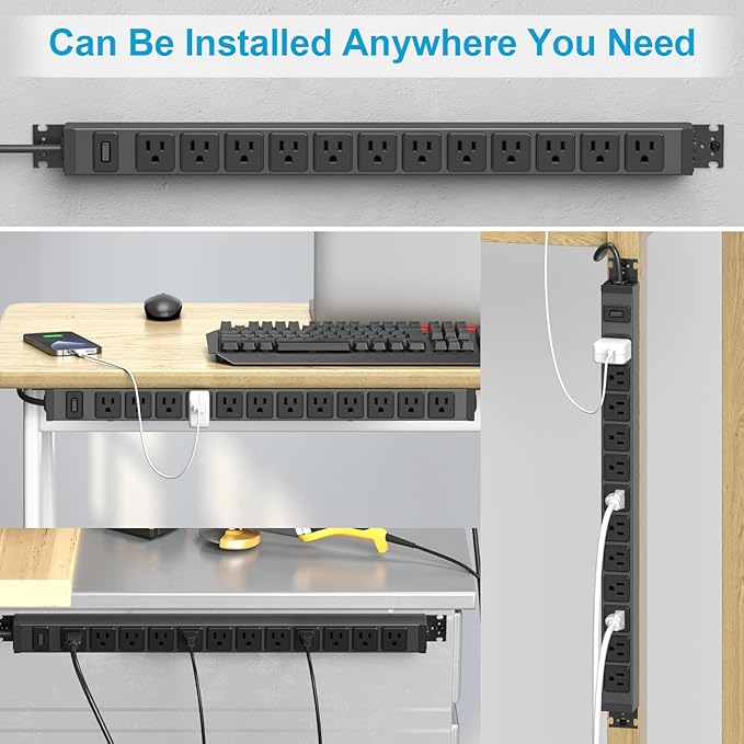 HHSOET 360° Rotating 12 Outlet Mountable Power Strip, Aluminum Alloy Long Power Strip Extension Cord, Heavy Duty Wall Mount Surge Protector with Switch, Works Great and Very Versatile, 6ft Power Cord.