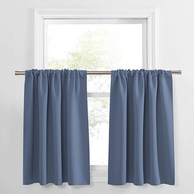 PONY DANCE Window Curtain Valances - Rod Pocket Tiers Home Decoration for Kitchen/Bedroom Noise Reduction and Privacy Protection, 34 x 36 inches, Blue Haze, 2 Panels