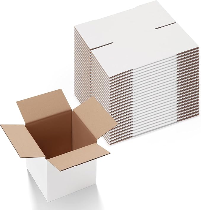 Calenzana 6x6x6 Inches Shipping Boxes Set of 25, White Corrugated Cardboard Box for Packing Mailing Small Business