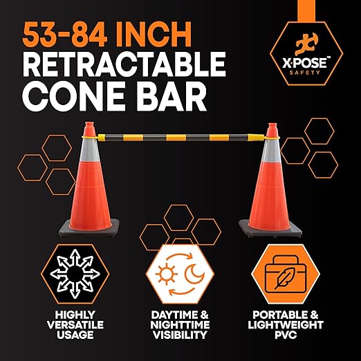 Retractable Barrier for Safety Traffic Cones - 2" OD - Large Yellow and Black Bar Barricade - for Road Construction, Parking, Warning, Temporary Security Divider (1, Yellow & Black, 53" x 84")