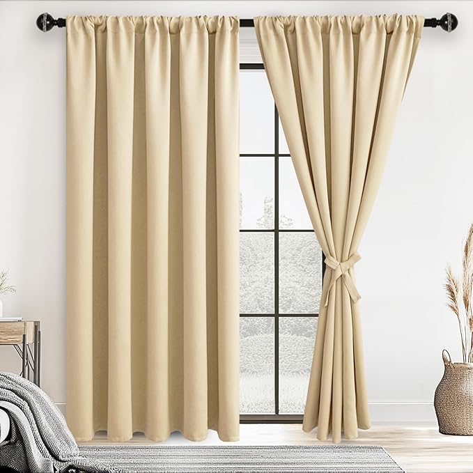JIUZHEN Blackout Curtains for Bedroom - 60 Inch Extra Wide Thermal Insulated Room Darkening Privacy Soundproof Curtains for Living Room/Dorm Room, Set of 2 Panels, 60 x 84 inches,Light Beige