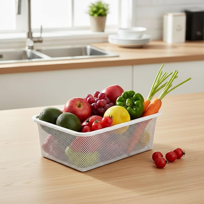 4 Pcs Metal Wire Basket 16.5in Metal Mesh Basket Pantry Organizers Bin Containers for Home Organizing Cabinet Pantry Closet Kitchen Fridge Fruit Makeup Snacks Gifts(White,Small)