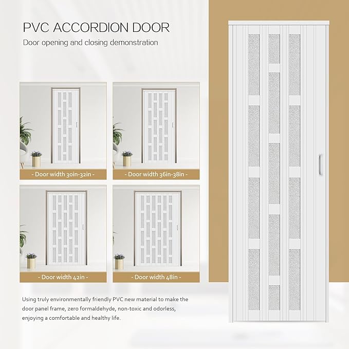 48X79in Frosted Acrylic Glass PVC Accordion Folding Door for Closet,Multifold Interior Door with Installation Hardware,Includes Handle and Latch,White Beech
