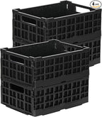 4-Pack Heavy Duty Stackable Storage Crates Plastic Collapsible Milk Crate Garage Organizing Bins Storage Containers for Home Office Moving Supplies, Black
