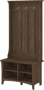 Bush Furniture Salinas Hall Tree with Shoe Storage Bench in Ash Brown, Multi-Purpose Home Organizer, Entryway Solution with Seating and Hooks