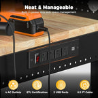 48" Heavy Duty Work Bench Adjustable Height Max Load 2000 LBS with Storage Shelf for Garage Workbench, Rubberwood Tabletop with Pegboard, LED Light, Built-in Power Strip for Woodworking Shop