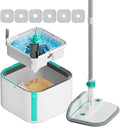 Upgraded Spin Mop and Bucket System Set, Self Separate Clean and Dirty Water, Foldable Square Standing Mop Head with Microfiber Mop Pads, Detachable Bucket (White+Blue, Mop Set with 6PC Pads)