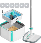 Upgraded Spin Mop and Bucket System Set, Self Separate Clean and Dirty Water, Foldable Square Standing Mop Head with Microfiber Mop Pads, Detachable Bucket (White+Blue, Mop Set with 6PC Pads)