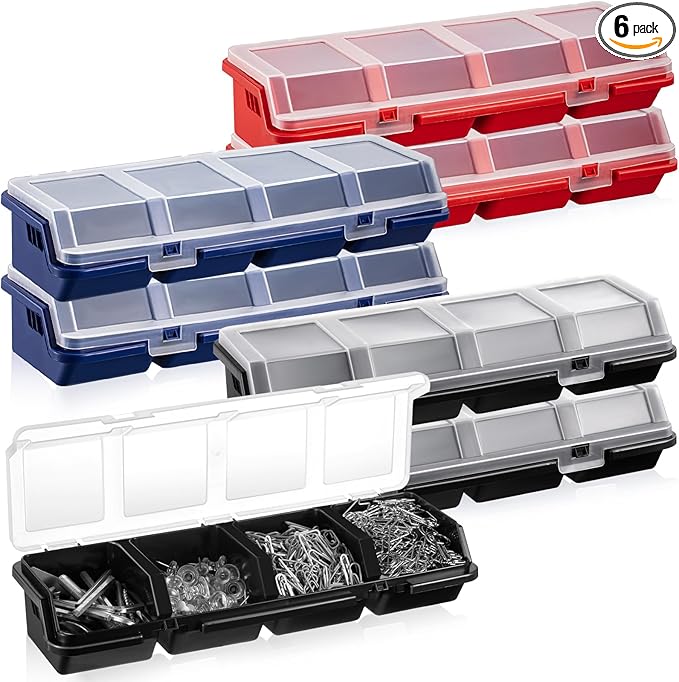 Hushee 6 Pcs Screw Organizer Box with Lid 4 Compartments Tool Bin Divider Plastic Stackable Hardware Organizer Small Part Storage Sorting Screw Box for Garage Workbench Craft Storage (Blue,Red,Black)