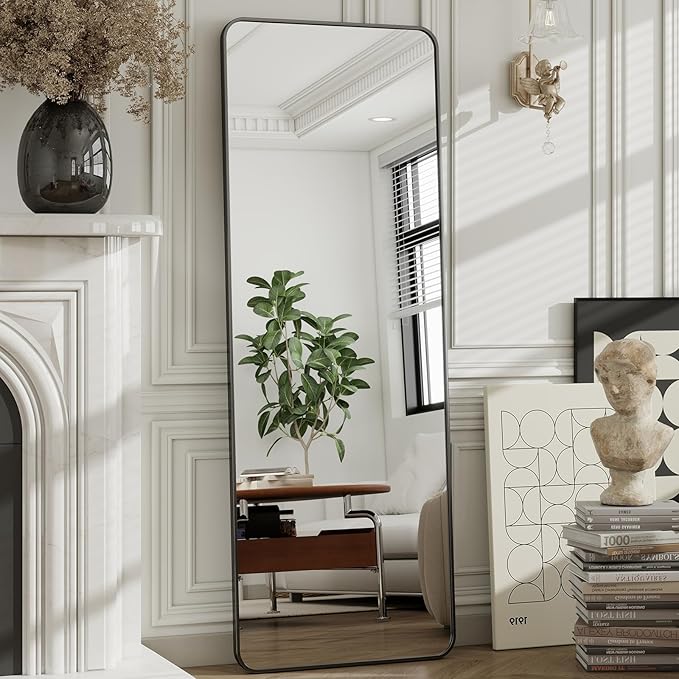 HARRITPURE 56"x21" Full Length Mirror, Black Rounded Corner Aluminum Frame Floor Standing Mirror Hanging/Leaning Wall for Living Room Bedroom Cloakroom