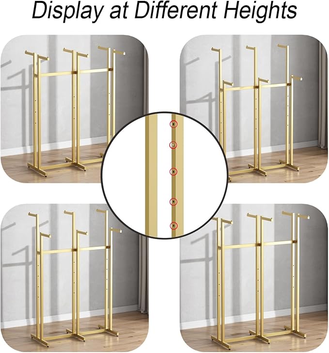 Gold Clothing Racks, Metal Clothes Rack with 8 Straight Arms, Freestanding Garment Rack for Hanging Clothes Heavy Duty, 46" to 63" Adjustable Height Retail Clothing Rack for Boutiques Display