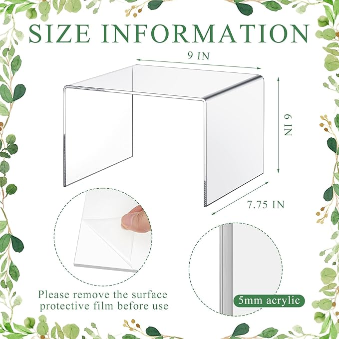 2 Pcs 9 Inch Large Acrylic Risers Display Stands 5 mm Thick Acrylic Shelf Riser Showcase for Collectibles Jewelry Cupcakes Food Figures Perfume Cabinet (Clear)