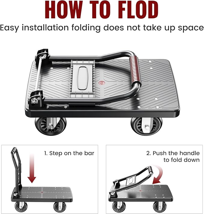Upgraded Foldable Push Cart Dolly | 780 lbs.Capacity Moving Platform Hand Truck | Foldable for Easy Storage | 5'' PU 360 Degree Swivel Silent Wheel-Black