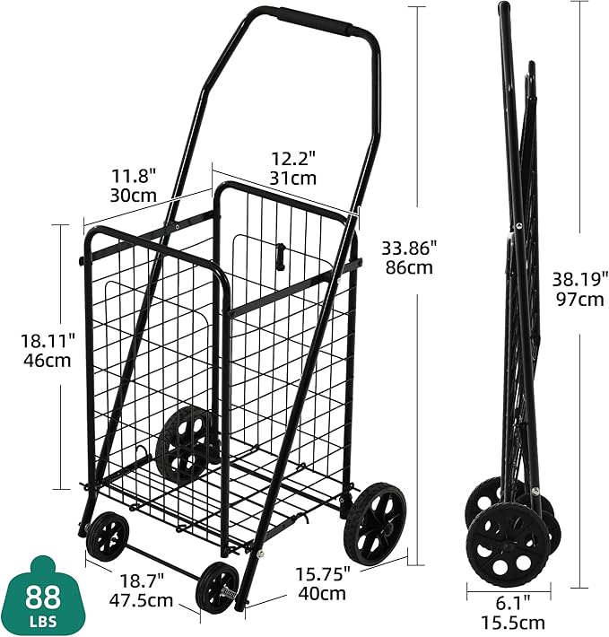YITAHOME Folding Shopping Cart with Wheels, Portable Collapsible Grocery Cart for Seniors, Rolling Utility Cart for Laundry, Storage & Organizer (Foldable, Easy Carry)