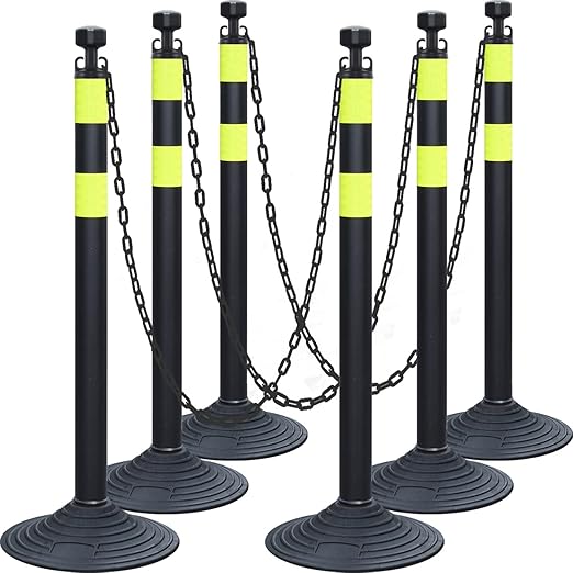 6-Set Pack 40" inch Black Yellow Work Zone Chain Post Set, 6 x 6.6' Feet Plastic Chains, Portable Crowd Control Stanchion Set, Traffic Queue Delineator Post Cones (Black-Rubber Base)