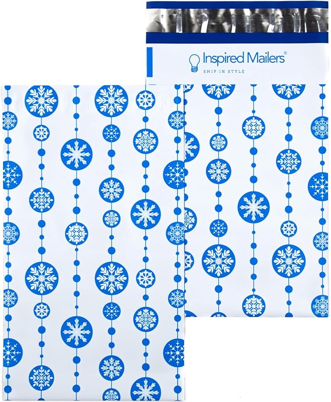 Inspired Mailers - Holiday Poly Mailers 6x9-100 Pack - Snowflake Baubles (Blue) - Small Shipping Bags 6x9 - Christmas Polymailers 6x9 - Small Package Bags