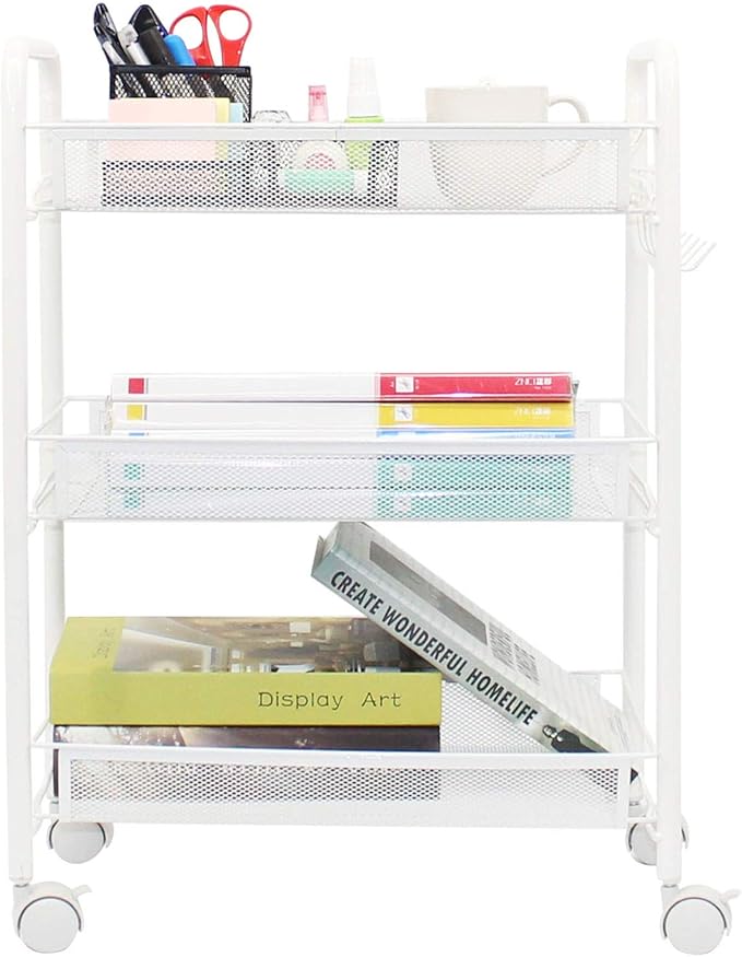 OVICAR Mesh Wire 3 Tier Rolling Cart, Kitchen Storage Utility Cart, Multifunction Basket Stand for Bathroom, Full Metal Storage Art Trolley Carts with Wheels & 4 Side Hooks (White)