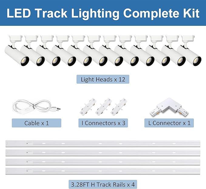 Super Brightness 4000K Natural Light Dimmable Brightness 25W 2000lm H Type LED White Track Lighting Kit System with 13 FT Track Rails, Ceiling Spotlight Fixture with Installation Package