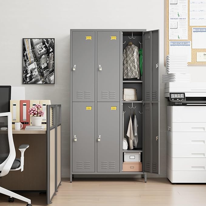 Aobabo Metal Locker for Employees, 6 Doors Metal Locker Cabinet with Lock, Industrial Storage with 18 Hooks, Storage for Office, Gym, Dormitory, Assembly Required, Dark Grey