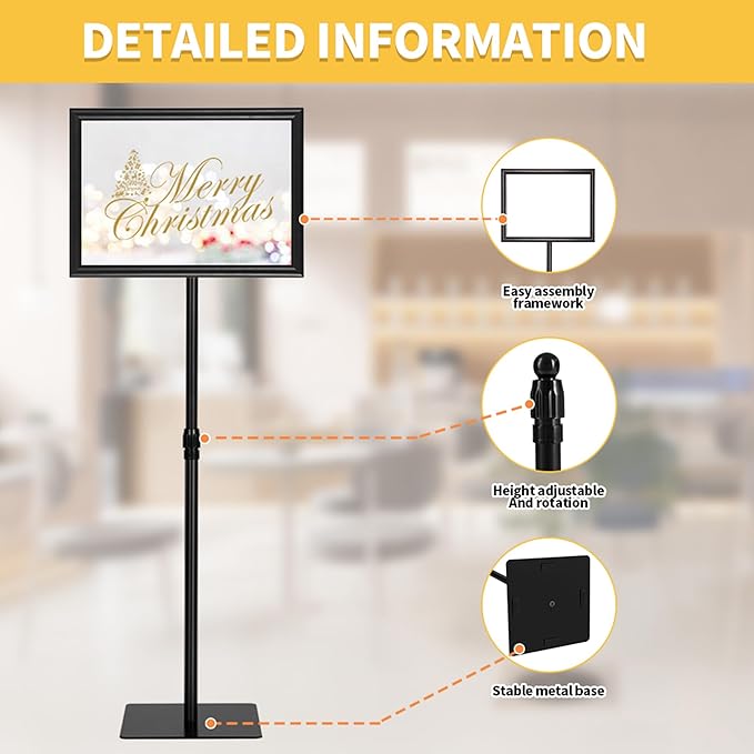 HYNAWIN Adjustable Floor Sign Stand Heavy Duty Pedestal Holder , with Aluminum Snap Open Frame for 8.5x11 Inches, Both Vertical and Horizontal View Displayed, Black